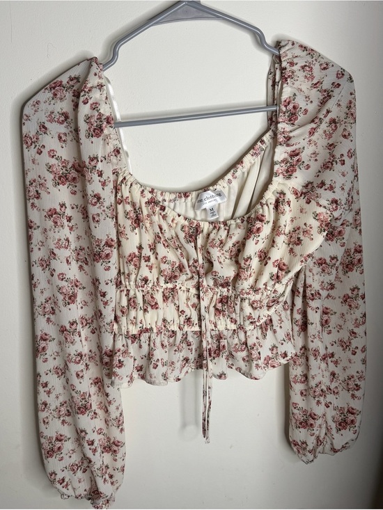 One Clothing Los Angeles Tops - Floral Smocked Cream Crop Top with Tie Front